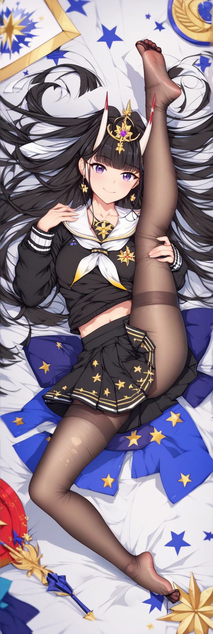 student, Not wearing a shirt, Not wearing a shirtใน, big breasts, tits,Prem short skirt, Panties_white, sleep, Spread your legs, Wear long socks_black