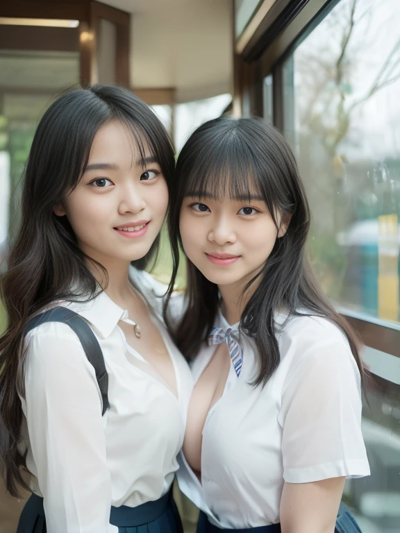 Three Beauties,mini skirt,Wearing a uniform,smile,mini skirt