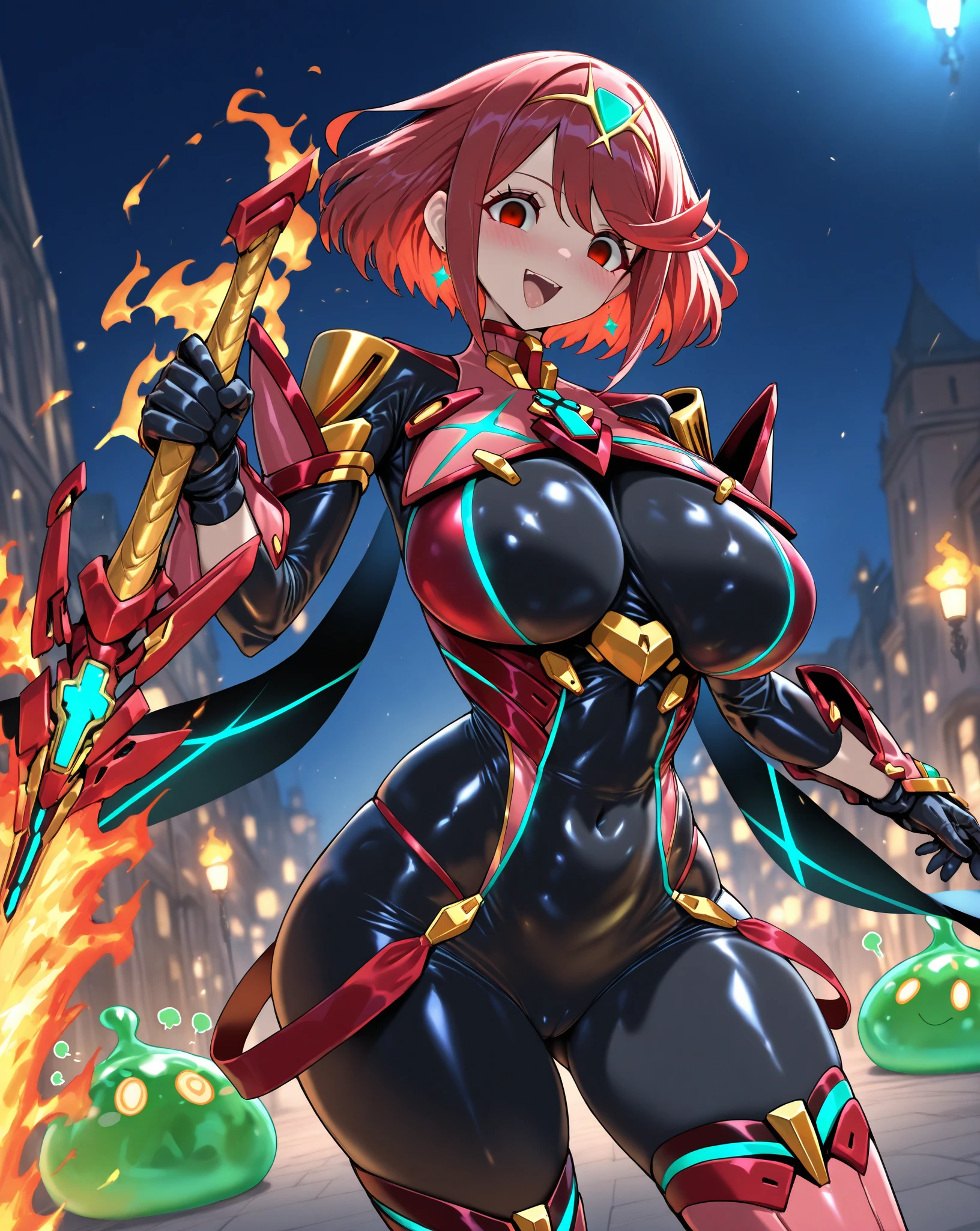 pyra \(xenoblade\), teen_1girl, loli, armor, bangs, black gloves, breasts, red eyes, light_open_mouth, earrings, eyelashes, fingerless gloves, floating hair, framed breasts, gem, gloves, hair ornament, headpiece, jewelry, big_breasts, leaning back, leotard, neon trim, official art, pose, red hair, red shorts, saitou masatsugu, short hair, short shorts, short sleeves, shorts, sidelocks, skin tight, solo, swept bangs, thighhighs, tiara, prairie_background, turtleneck, underbust, vambraces, xenoblade chronicles \(series\), (xenoblade chronicles 2), (spread_legs:1.1), fire_effect,dynamic_pose,fighting,light_smile, (plump:1.4), big_ass,huge_sword, hold_large_sword_hilt, covered_nipples, (covered_pussy:1.2),cameltoe,back_view, fists,ponytail,plump,beautiful_fingers,(solo:1.1),