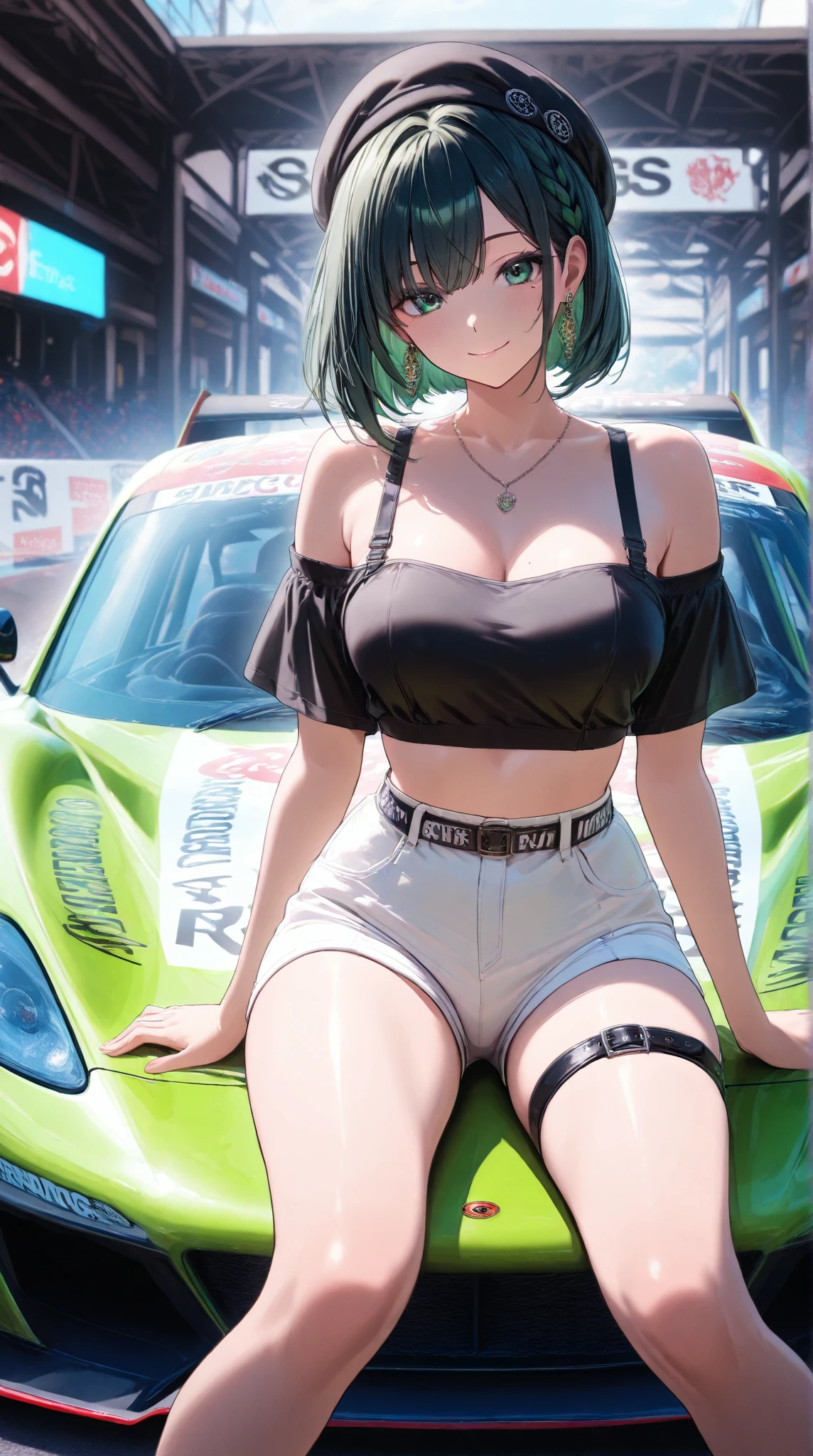 Full photo of anime girl with short pink hair and white, with big breasts, green lingerie and silver eyes sitting on the hood of a red Mini Cooper S
