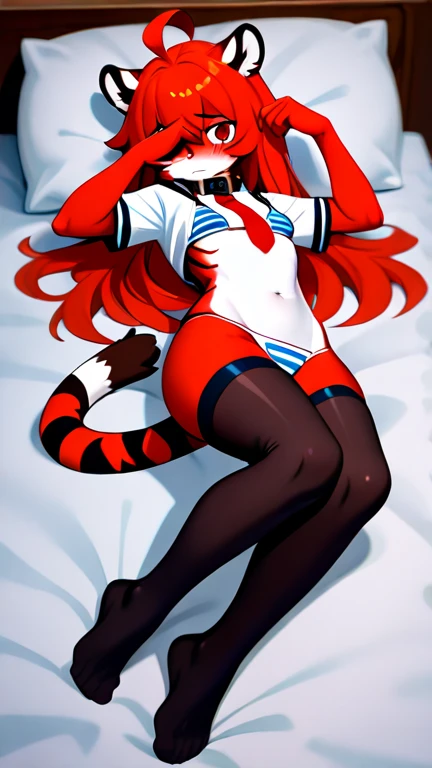 score_9, score_8_up, score_7_up, score_6_up, score_5_up, score_4_upsource_furry, a female anthro fluffy, 1girl, solo, female, furry, anthro, fluffy tail, small breasts, tiger, striped fur, yellow eyes, anthro, flora-twokinds, blush, smile, looking at viewer, sexy pose, on bed, spreading legs, lace black underwear, lace black bra, (white stockings:1.2),