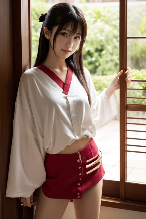 Shrine maiden、Japanese beauty miko、long sleeve white kimono 、Red Hakama Micro Mini Skirt、No underwear、A red skirt with a deep large side slit、bangs、Black long hair、shaved pussy、low angle、Raising leg, show pussy、 show pussy, sluty, standing, 1girl, solo, realistic, japanese clothes, black hair, long hair, miko,red hakama skirt, outdoors, bangs, pantyless, no panties, pantyless, no panties, pantyless, no panties, A red micro mini skirt with large side slits up to the waist, low-angle,low-angle, shaved pussy, ass, Looking back, back,Bending, show ass