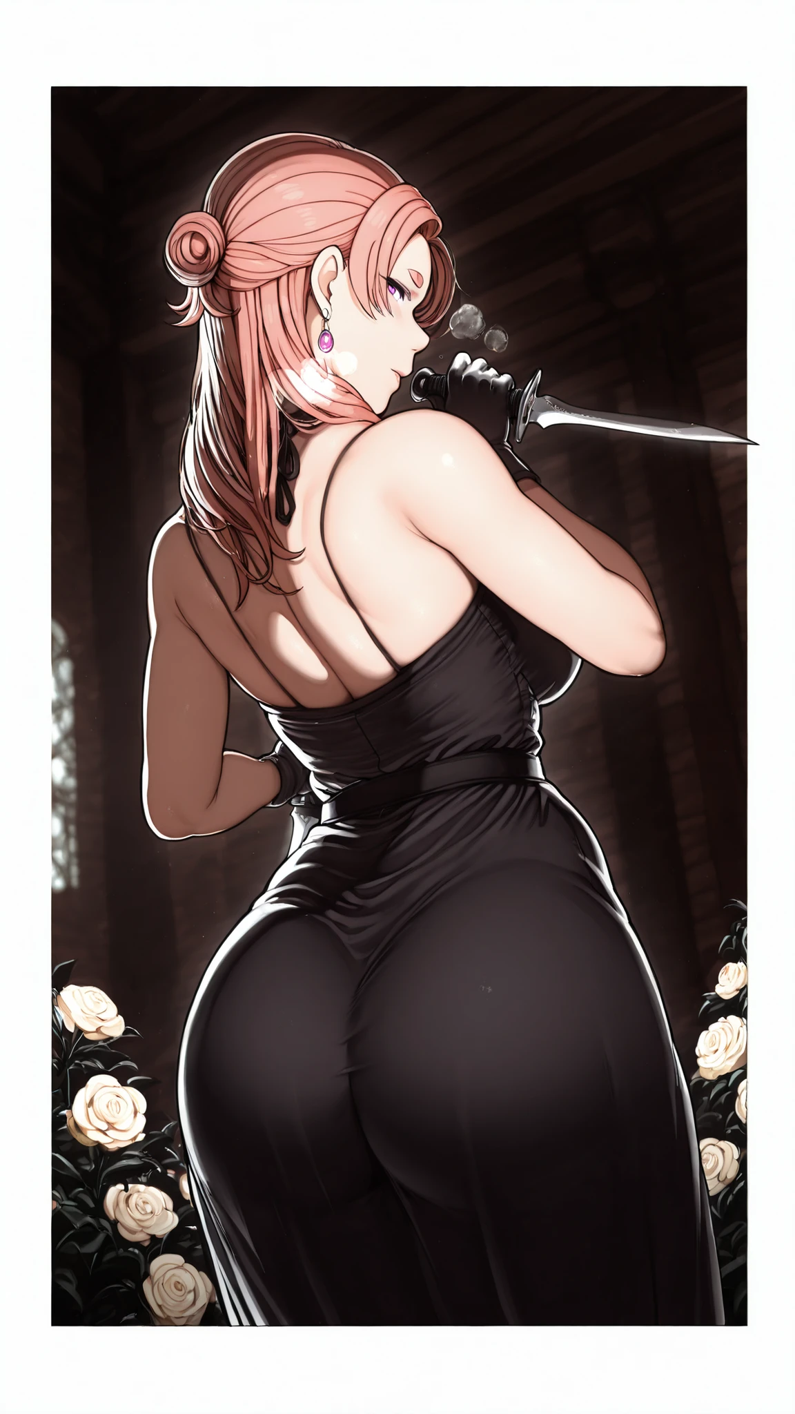 Sakuranotomoru, (aiue oka-style:1.2), ((UHD, masterpiece, Cinematic, low contrast)), comic, score_9, score_8_up, score_7_up, score_6_up, score_5_up, score_4_up, uncensored, detailed background, vignetting, masterpiece, Cinematic, high quality, absurdres, best quality, very aesthetic, newest, digital art, trending on ArtStation, ((anatomical correct)), perfect body, perfect eyes, perfect fingers, gasping, heavy breathing, gasping profusely, cinematic, ((skindentation)), ((curvy)), Mmananakiri, mature female, long hair, half updo hair, pink hair, purple eyes, short eyebrows, big breasts, bright pupils, plump, 1girl, solo, weapon, dress, holding, black_dress, gloves, dual_wielding, holding_weapon, from_behind, ass, flower, knife, dagger, back, jewelry, looking_back, black_gloves, looking_at_viewer, earrings, bare_shoulders, reverse_grip