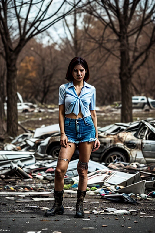top-quality, masutepiece, 32K, very high res, hyper realistic photography, 1girl in, perfect human shape, (((outfit: torn, Lifeguard Uniform))), Portrait, hyperdetailed face, ultra realistic textures, (Messy, Small room, abandoned houses), (((Full body shot))), Exposed super huge breasts,