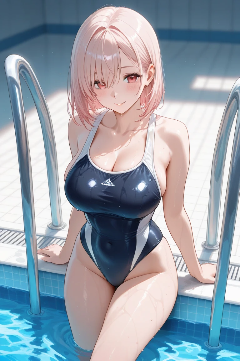 Masterpiece,highest quality,Very detailed,8k CG,
Photograph the upper body,1 Female,(Arms behind back:1.2),Are standing,Body facing forward,View your viewers,(Navy blue school swimsuit),
blush,shy,(trembling:1.2),Pink Hair,Open your mouth,Large Breasts,Poolside,