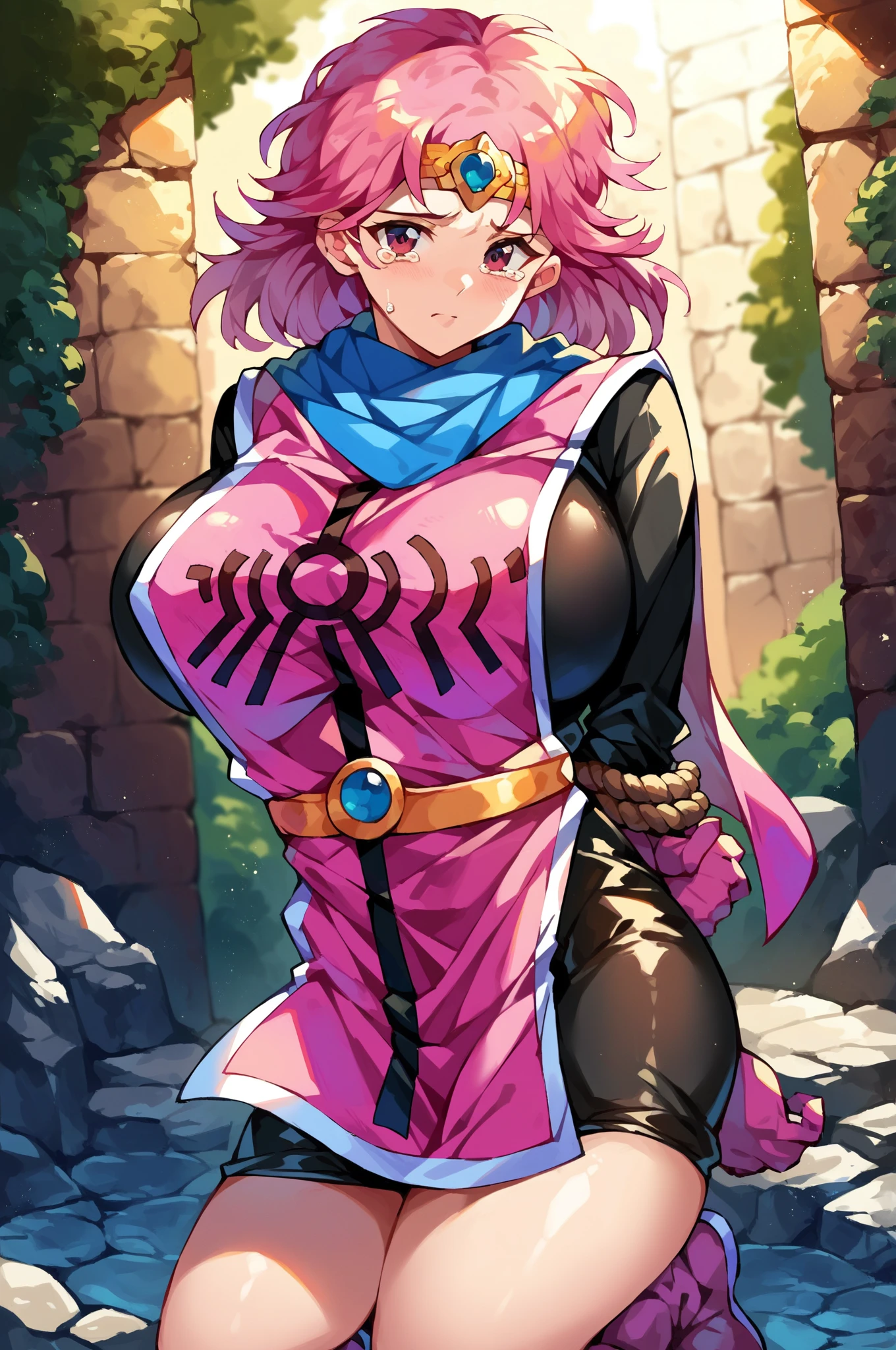 score_9, score_8_up, score_7_up, score_6_up, source_anime, BREAK 1girl, solo <lora:dqmaam-pdxl-nvwls-v1-000005:1> priMaam, pink hair, orange eyes, medium hair, blue scarf, circlet, short dress, pink tabard, black sleeves, belt, gloves, boots, annoyed, open mouth, blush, big breasts, hands on hips, looking at you, village, trees