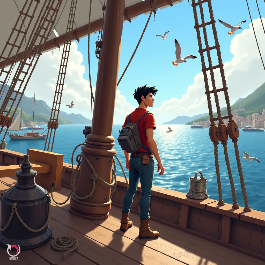 Along the misty cliffs of a seaside village in the 1920s, a twelve-year-old Asian boy, with windswept hair and a fisherman's cap, gazes out to sea from a weathered lighthouse, the crashing waves and seagulls creating a timeless backdrop.