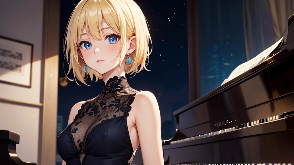 (nmasterpiece,masutepiece)best qualtiy,Best Quality,Figure(main character),(1girl in:1.5),(Green eyes),(blonde hair+Short-cut hair:1.3),closes mouth,耳Nipple Ring,(Round earrings:1.1),(jewely:1.1),Pitch black background,Look at the audience at eye level,chemise,symple background,独奏,(The upper part of the body:1.1),jet black shirt,maximalism。
A little clear、Colorful