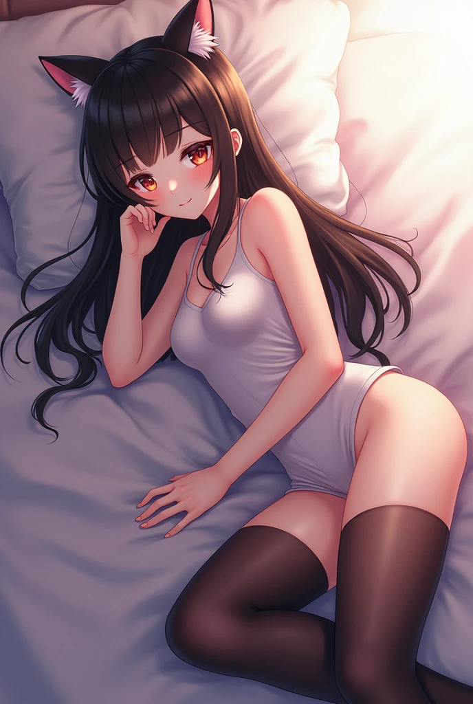 1girl, anime, black eyes, long black hair with square bangs, very long black hair, super long black hair, adult, hourglass figure, nerdy, ((((bed)))), (happy), (((bath towel))), playful, ((gamer girl)), ((lights off/low light)), night, ((black thigh highs)), ((garter)), inviting, suggestive