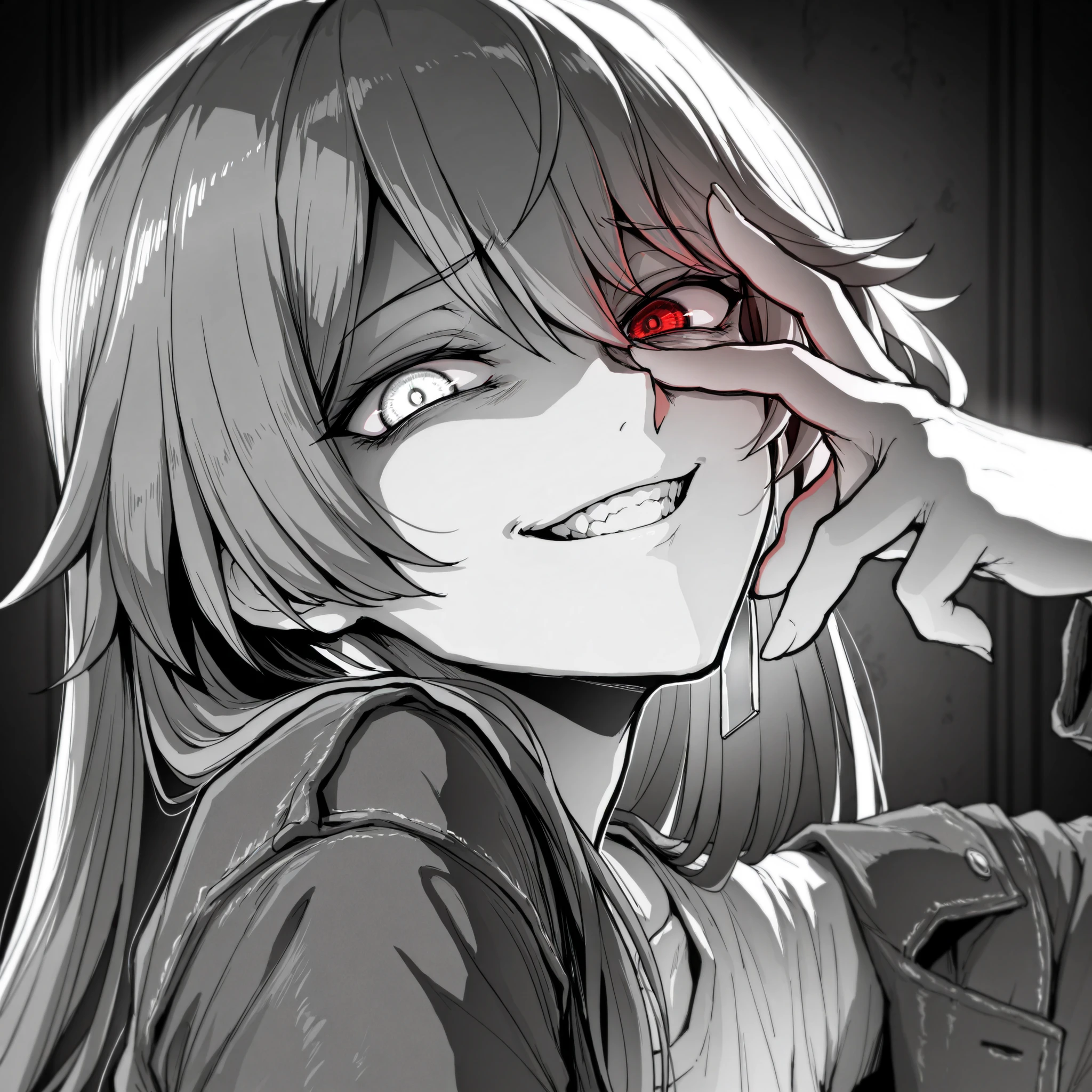 masterpiece, best quality, amazing quality, very aesthetic, high resolution, ultra-detailed, absurdres, (hands:-0.22),
1girl, woman, solo, mature woman, (looking at viewer, portrait, face shot, upper body shot:1.19), LineAniAF, monochrome, greyscale, ebiblue, (coloured eyes, hand on her eye, chuuni pose, gesugao, crazy smile:1.01), smirk, (FuHua, Fol005, Fh_Hos, fu hua:0.33), red eyes, white eyes, heterochromia, very long hair, denim jacket, loose t-shirt, belt, chains, wallpaper,
BREAK, depth of field, volumetric lighting