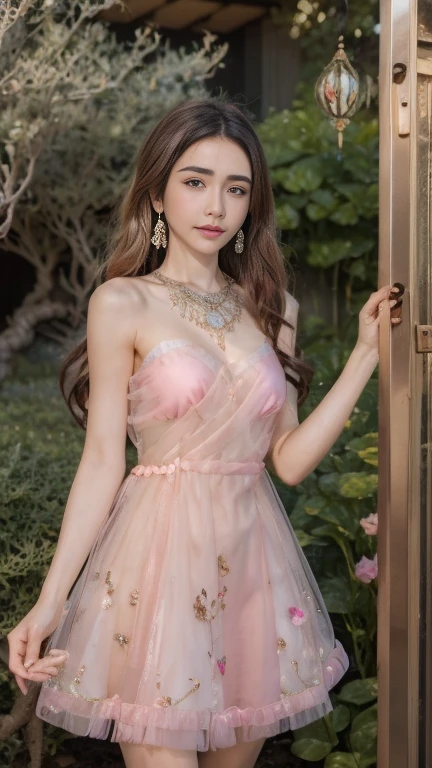 8K, ultra hd, masterpiece, 1 girl, (good face:1.4), detailed eyes, long hair, impressive hairstyle, earings, necklace, small breasts, (pink dress:1.5), see-through, (fantasy dress:1.5) Light-colored foundation brings out the transparency of the skin, (in the wonderland:1.5), mystery, diwali lights, glowing lights, very decoration, The lights falls like water, perfect front body,