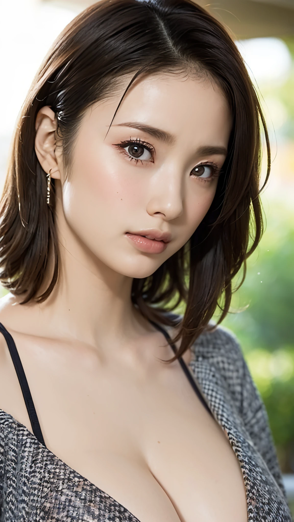 ((Highest quality, 8K, masterpiece :1.3)), Sharp focus :1.2, Beautiful woman with perfect figure :1.4, Slim Abs :1.2, ((Big Breasts, Accentuate your cleavage:1.3)), (PhotoRealistic:1.4), (Realistic:1.4), (Short Bob, Brown Hair:1.5), Highly detailed face and skin texture, fine grain, double eyelid. Makeup Face. A little bit of lipstick, necklace, Earrings, Sex Appeal, Sexy fiery pose, (Beautiful woman in a green dress、in the forest、Natural smile、Dress slit pose。:1.3)