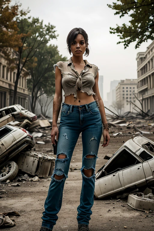 (Highest quality:1.3), cinematic shot, masterpiece, (sharp focus:1.5), (photorealistic:1.3), medium portrait of a Russian woman 76 years old, white Dirty Short Hair, dusty face, Dressed in the armor of the future, ruins of Liberty Statue, broken pieces of the statue, dusty statue, typical color of lady-liberty, torn USA flag on the ground, Against the backdrop of a desolate post-apocalypse, Ruined New York, Ruins of the Liberty Statue (lady-liberty), AR-16 rifle in hand, the wind, dust, Destroyed buildings, Skeletons of burnt cars, Oppressive atmosphere, Dirty skies, photo realism, Sharp focus, Human bones and skulls are scattered everywhere, garbage heaps, Wreckage of buildings, Fallout, Photo 3/4, Realistic Facial Skin, Dust on clothes, Oppressive atmosphere,