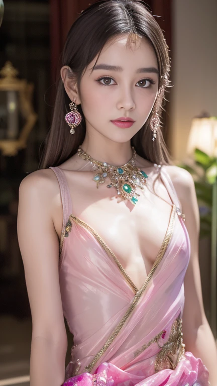 best qualtiy, tmasterpiece, 超高分辨率, (realisticlying:1.5), RAW photogr, 1girll, silber hair, long hair,hair adornment shoulders,Cold and glamorous,Raised sexy,Cyan and pink tulle dress, Detailed scenes, amazing pose, Eye-catching accessories, Picturesque
