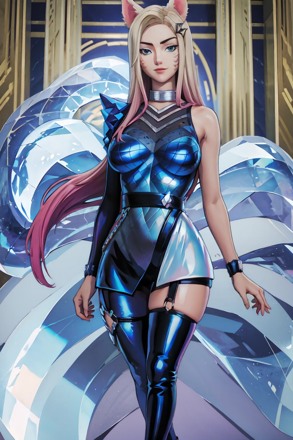 K/DA All Out Ahri, (Standing in front of the Camera), (Arms behind the head), (beautiful breast), (ultra realistic,32k,RAW photo:1.1),(high detailed skin:1.1), K/DA All Out Ahri, Head gear, 8k uhd, dslr, high quality, beautiful face, beautiful body, film grain, (makeup, mascara:1.1) , lips,(thick\lips\), (shiny glossy clothing:1.1),