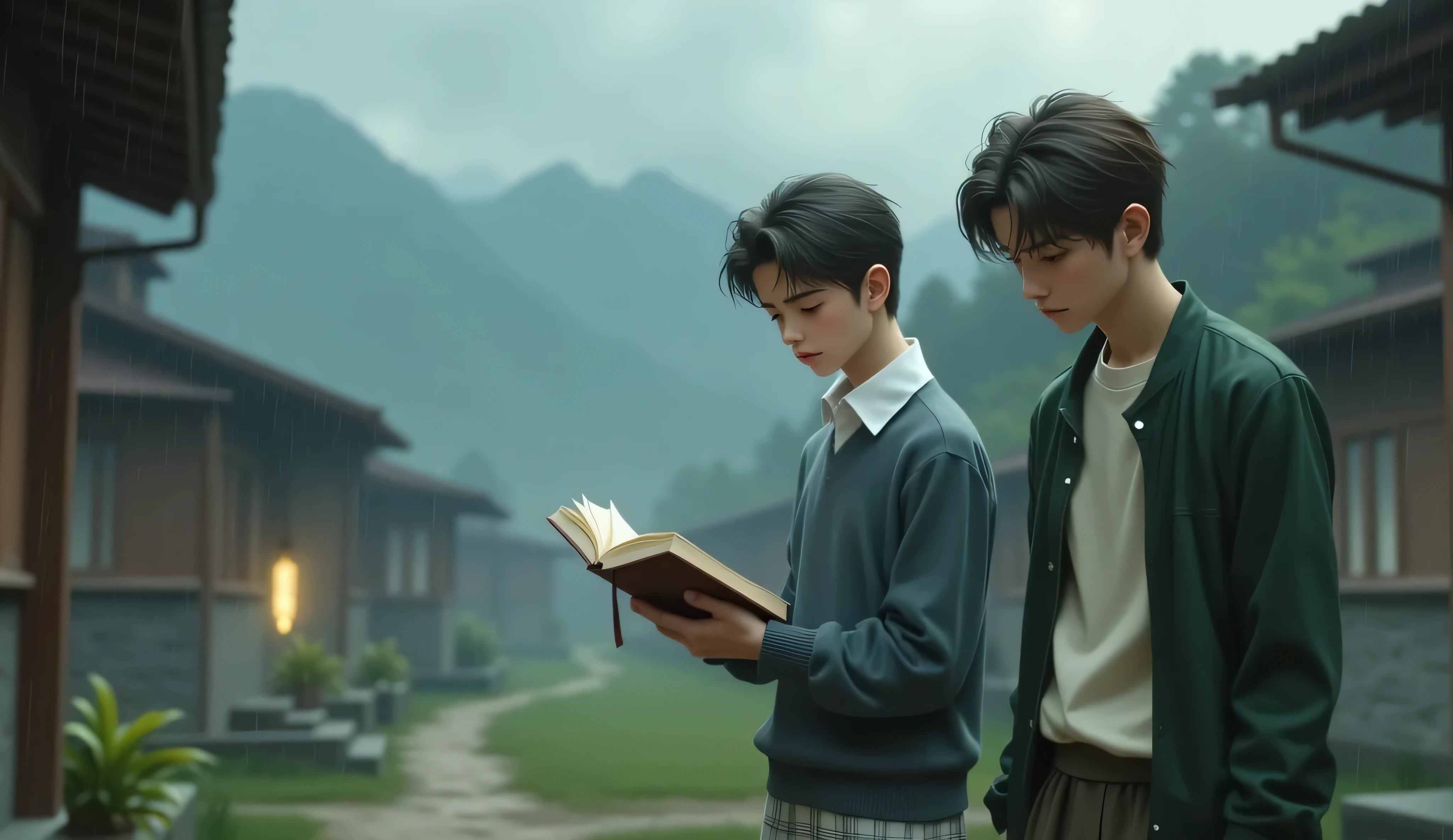 A couple。Girl with brown hair,Ball head,Casual sportswear。Boy silver hair,Black military uniform。The two stood and looked at each other,At the same time, he pointed to a glowing book。The background is a starry sky。