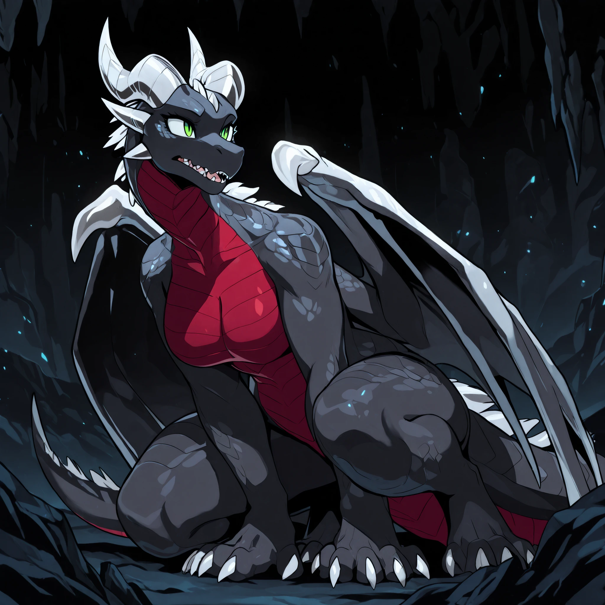 anime style, anime shading, clean lines, masterpiece, best quality, full body picture, centered, enderdragon, dragon, female dragon, 1girl, long horns, wings, claws, tail, green eyes, perfect eyes, (overlapping red chest scales), slender figure, dark silver scales, silver horns, tall, sharp teeth, fangs, (in a dark cavern)