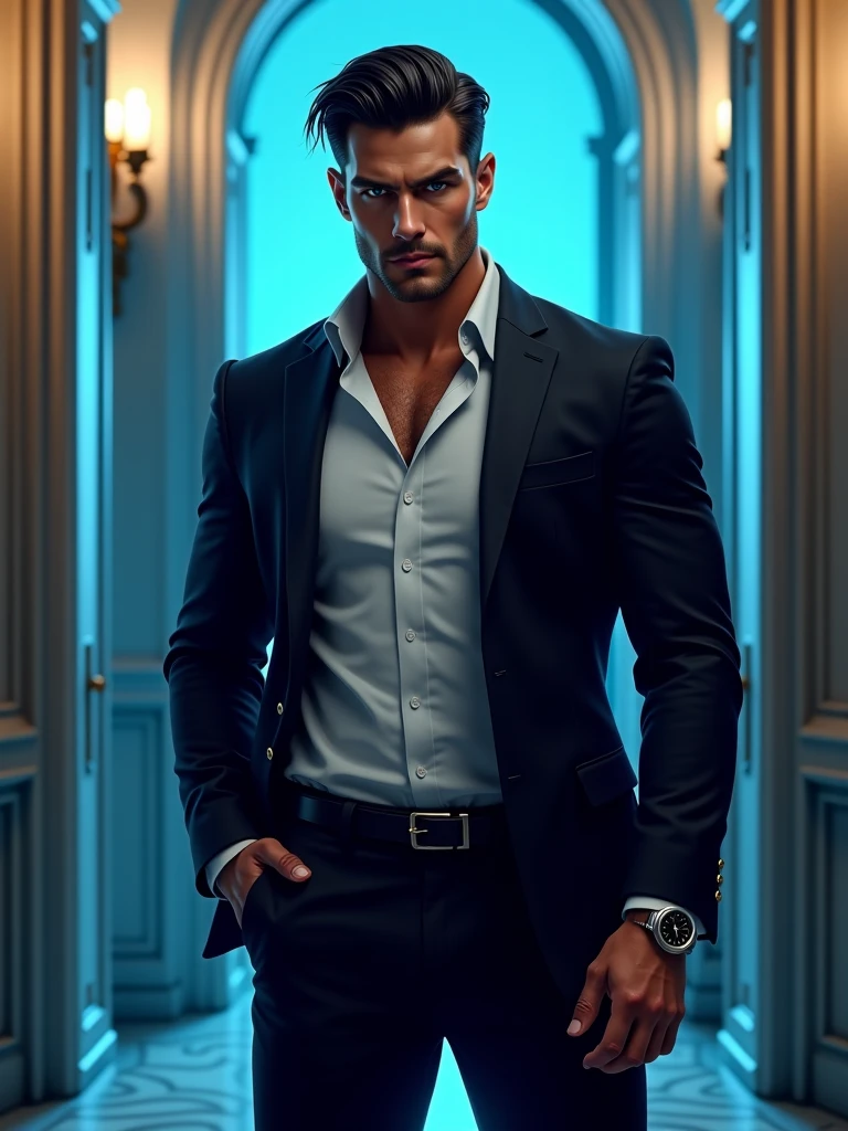 filmposter, wide angles, 一个Handsome迷人的欧洲男明星, aged 40,Sexy beard, blue colored eyes,The body of a bodybuilder, Muscular very developed, sexy muscular body, muscular attractive man, muscle men, Handsome的,small heads,Handsome, Short brown curly hair. Dark brown tight velvet suit, minimalistic background, Clean composition, intense detail, pastel colour, Hasselblad - original style(8K, tmasterpiece, Best quality, A high resolution, ultra - detailed),natta,starrysky,extreme light,themoon, looking at viewert,Front view,