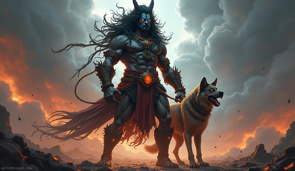 Generate  a image of indain mythological  character  kaal bhairav  with his dog which in action to ready for war 