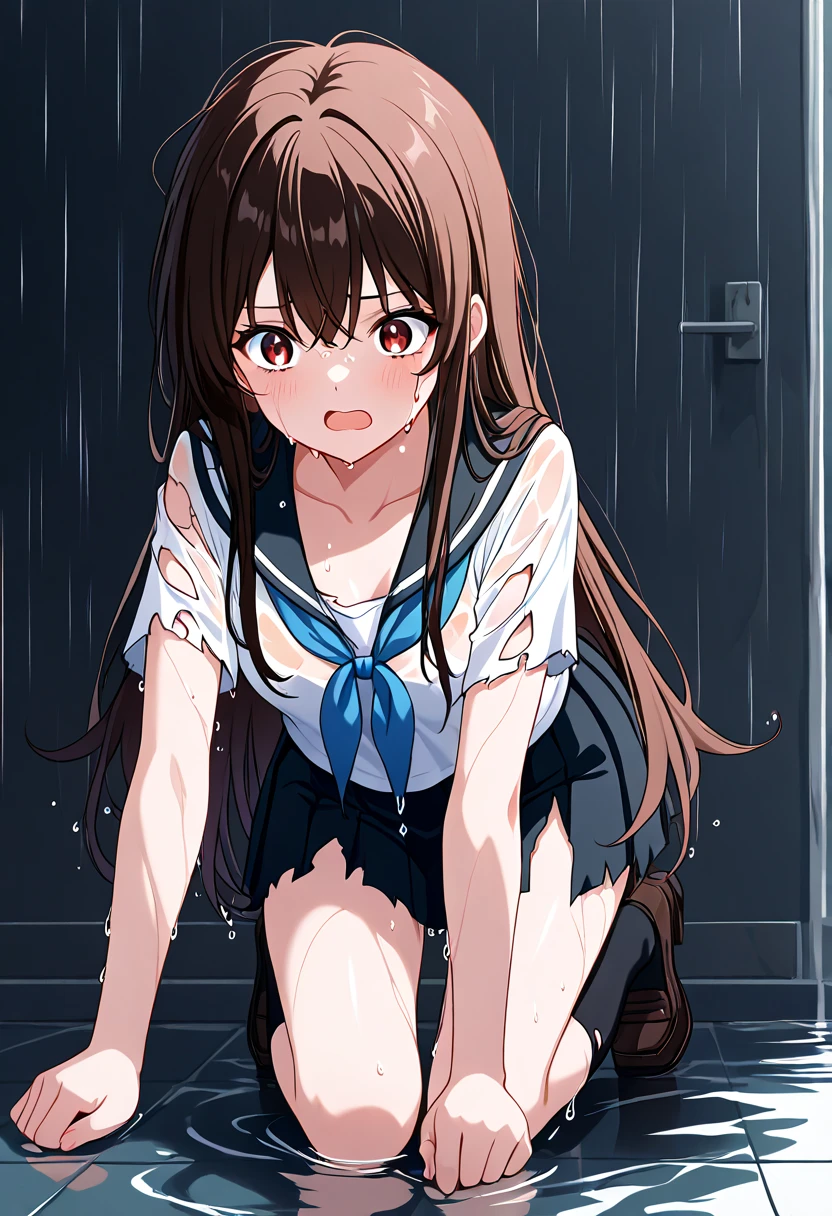 Highest quality, Super detailed, masterpiece, Ultra-high resolution, 8k, High Contrast, Cowboy Shooting, Embarrassing, blush, Lovely, With tears in her eyes and her mouth open, drooling, wet, soaked, arms behind head, wariza, [1girl, daiwa scarlet \(umamusume\), umamusume], medium breasts, (Sailor suit), Waistline, (Shower room, I take a shower), from above