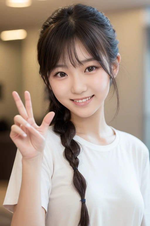Highest quality, (beautiful)、university student、smile、peace sign、Semi-short