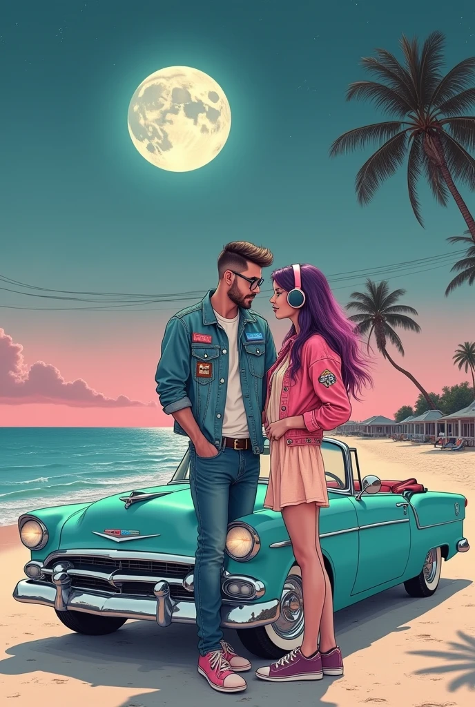 "A couple in love enjoying a summer evening in a vintage convertible car, com o horizonte da cidade retratado em cores vibrantes do Synthwave."
Use neon and saturated tones to highlight the characteristic colors of Synthwave, como rosa, azul e roxo. --auto