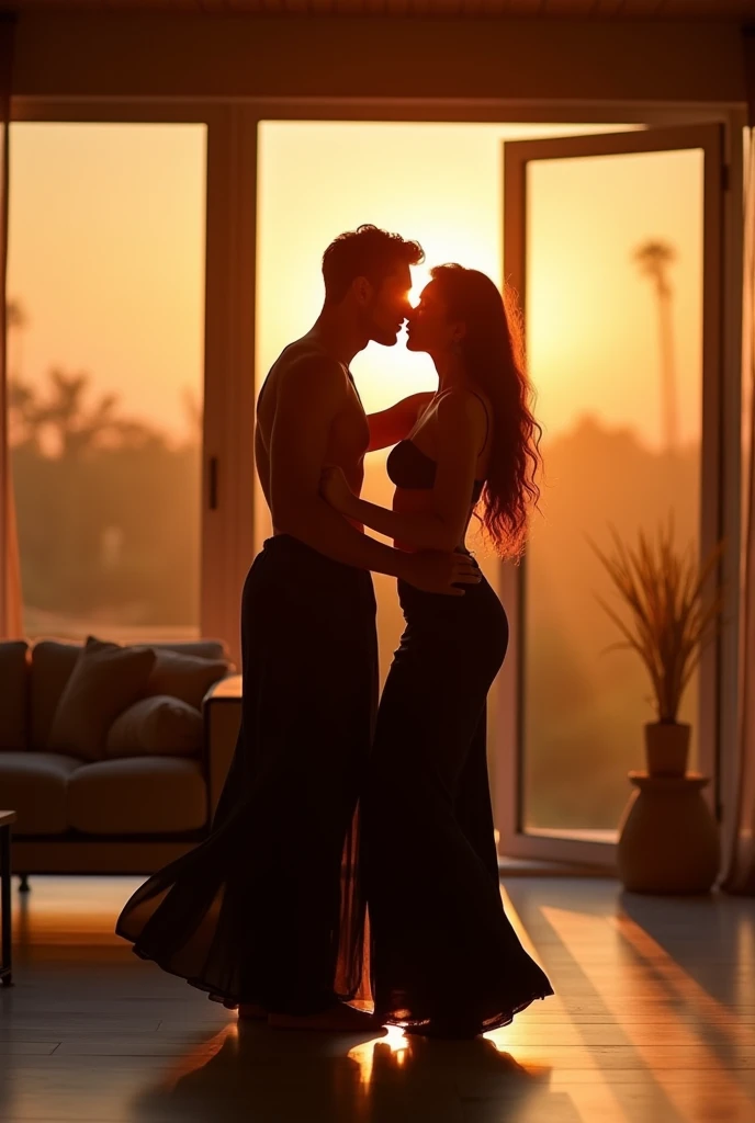 Couple dancing to lively music at home. The woman is wearing a short sensual dress, long straight hair. Skinny man without a shirt and wearing shorts. are smiling. PICTURE REALISTIC
