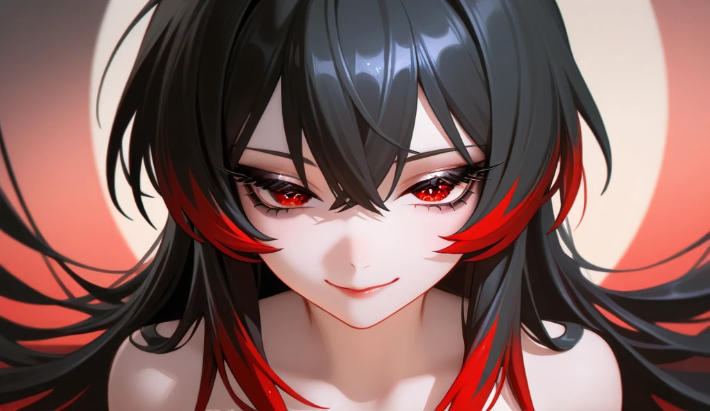cartoon of a woman with Red eyes and black hair, ((Red)) Loose eyes, in animation style, inspiRed by Jin Homura, inspiRed by Rumiko Takahashi, inspiRed by Takehisa Yumeji, Black hair and big eyes, angry expression, fully Red eyes no pupils, angry expressioning, Evil Expression, As an anime character, 일본 in animation style