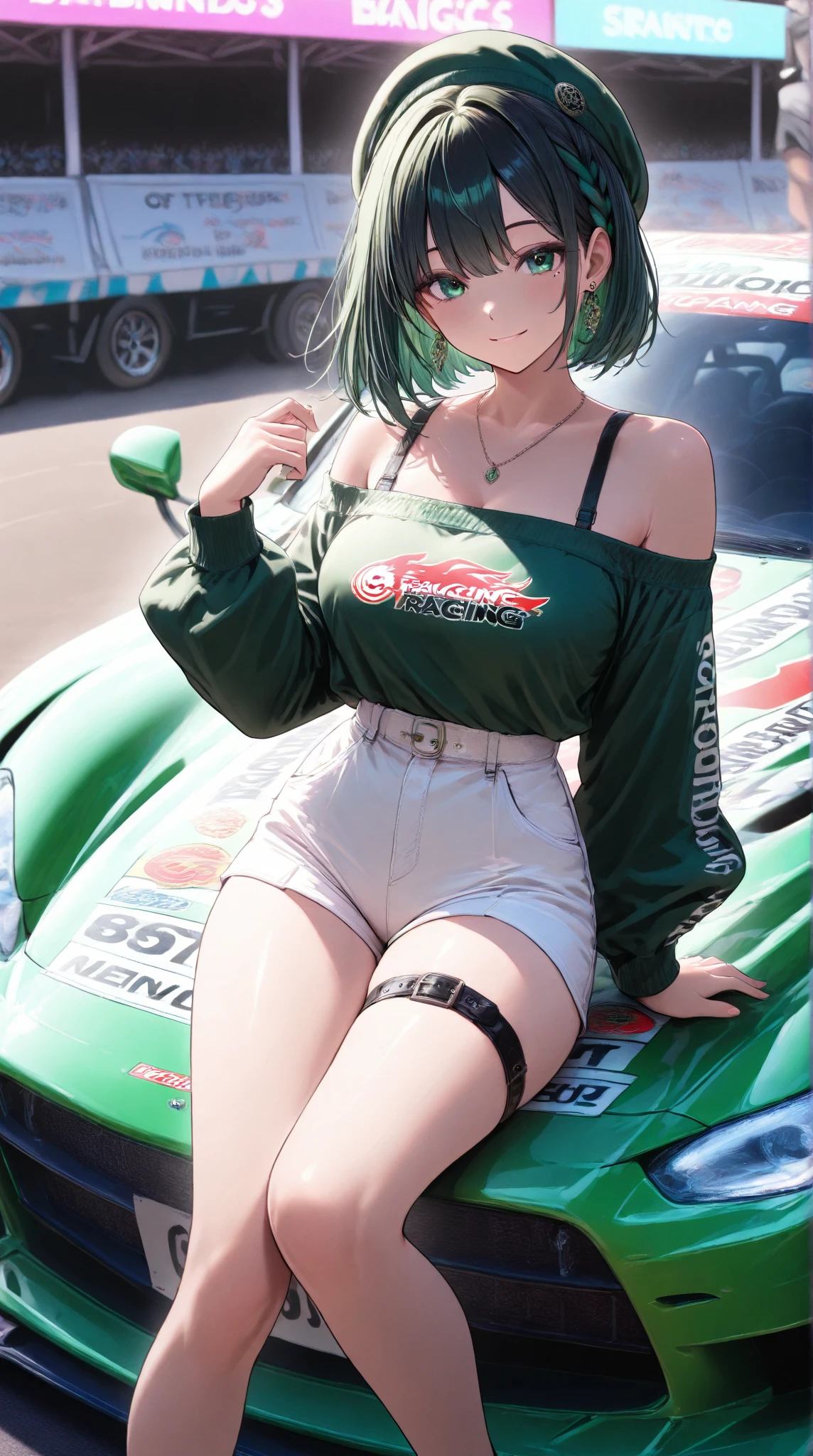 8k, masterpiece, best quality, highly detailed, 1 girl, tiefling, warlock, pixie cut, multicolored hair, very short straight hair red highlight hair on white hair, strippled hair, wearing glasses, round glasses, earrings, sexy, navel piercing, red eyeshadow, long eyelashes, blushed cheek, red lips, pearl necklace, rings, collarbone, mole on face, glamorous, teal and purple costume, smirk, close up view, rings, looking at viewer, demon horns, solo, sitting inside race car, race track, race queen costume, miniskirt, black pantyhouse,  thigh-height boots.