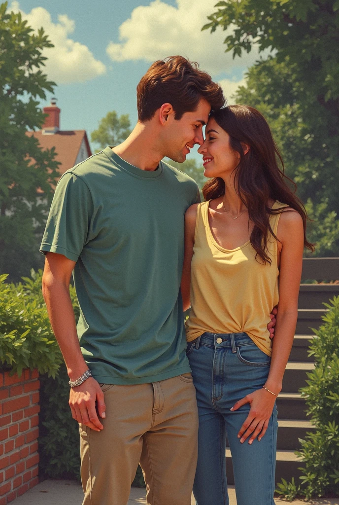 [Two individuals, locked in an intimate moment as they walk hand in hand, their fingers tightly laced together. The woman, with long, curly chestnut hair cascading down her shoulders, gazes lovingly into the man's deep-set blue eyes. His hand slightly covers hers, revealing a delicate gold bracelet adorning her wrist. The man, with short, tousled brown hair, wears a simple white t-shirt and jeans, his expression reflecting the contentment and happiness of the moment. The sun sets in the background, casting a warm, golden glow over the scene. The hyper-realistic textures and Unreal Engine rendering bring the image to life, capturing the authenticity of