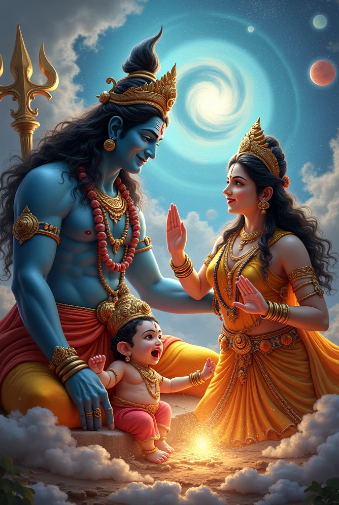 Shiv and Shakti , lord ganesha on lamp of Shakti and karthiki on lamp of shiv