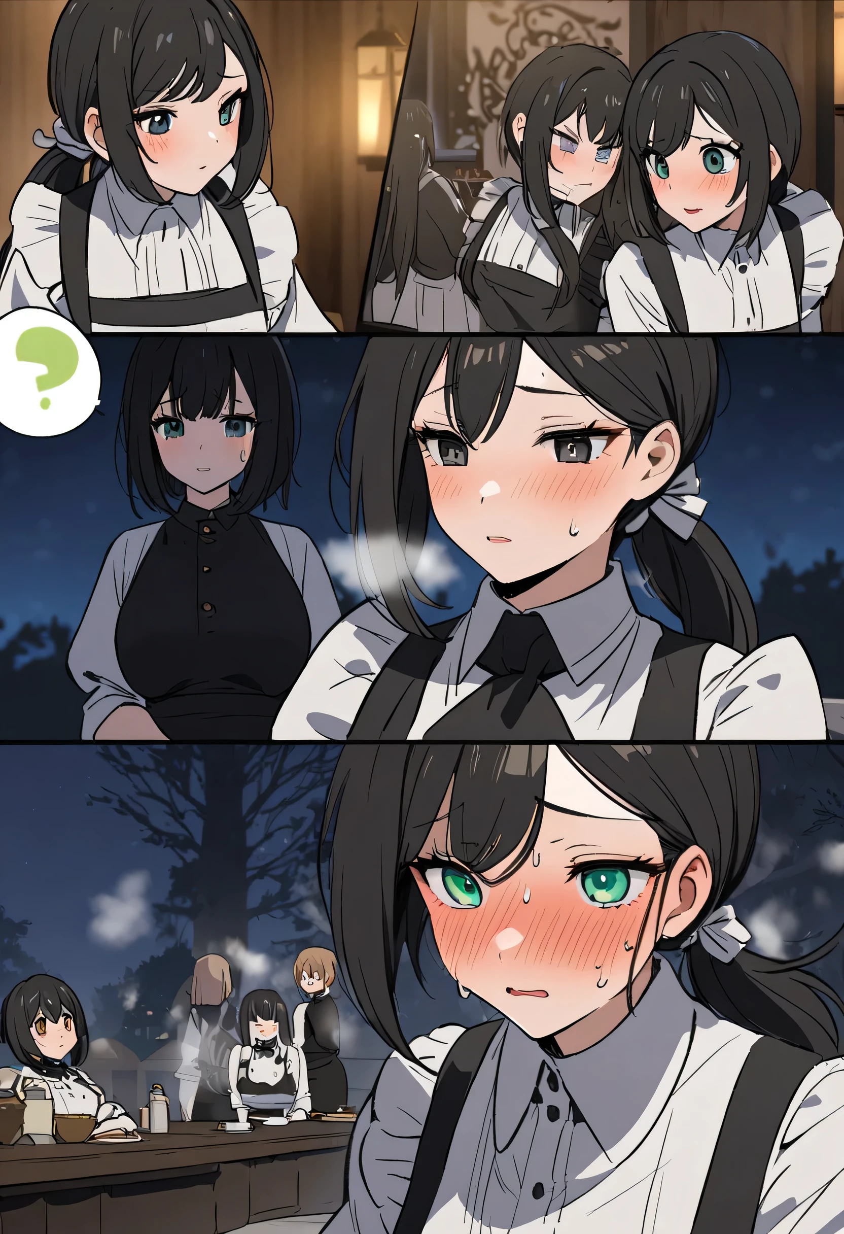 housekeeper, wanita ,  Mata Biru , black hair, half ponytail, Kacamata, cantik, 4K, tenang, perfect maid, kamar, night, fantasy guild waiter, faces cold sweat confusion
