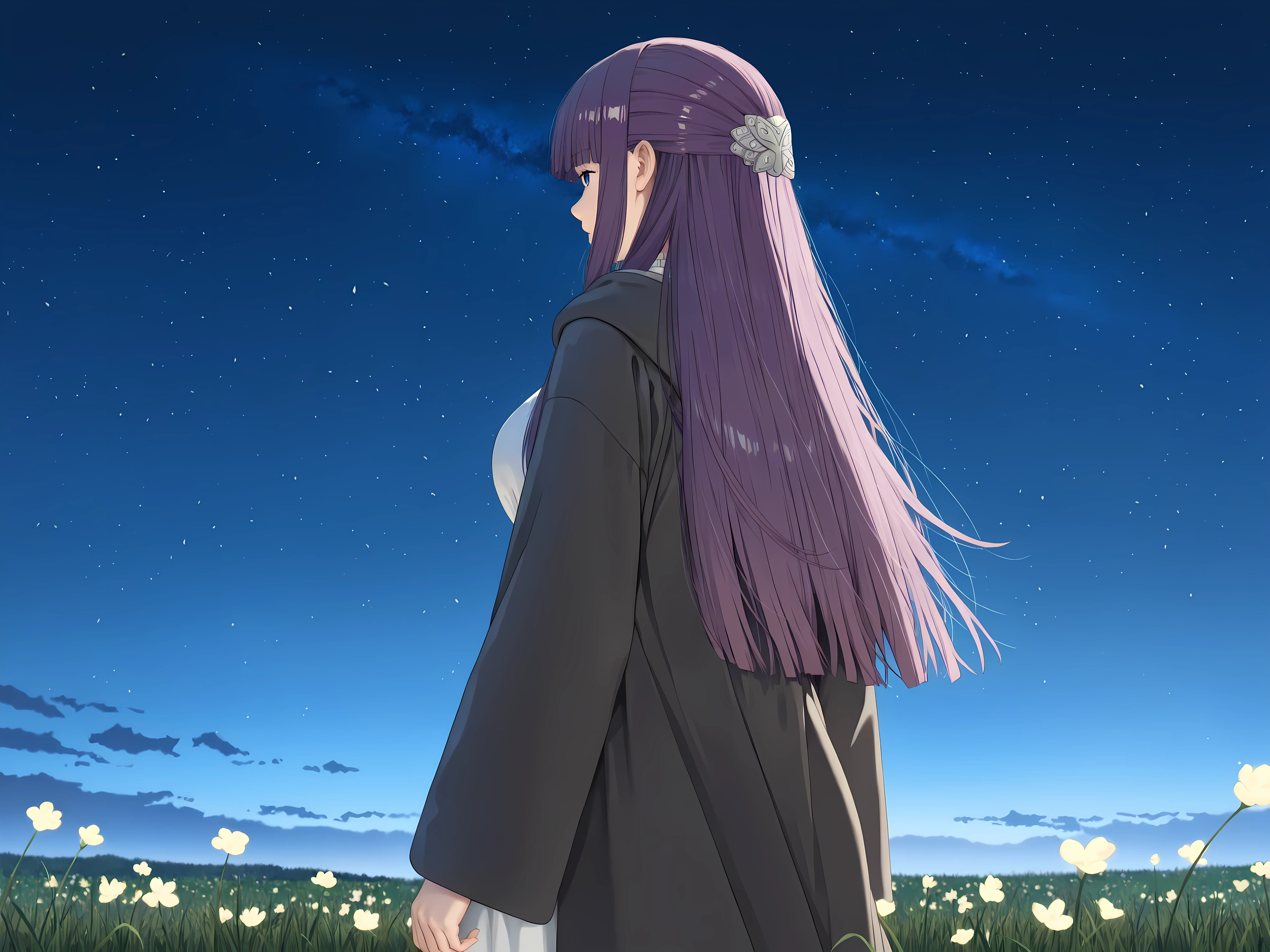 solo, female focus, facing away, back view, 1 girl - Fern from Frieren, long hair, purple hair, sidelocks, half updo,
long sleeves, dress, white dress, long dress, robe, black robe, night sky, night time, outdoors, grass field, white flowers, high detailed, best quality, upper body, ultra detailed, highres, best quality, semrealistic, cowboy shot, masterpiece, best quality, very aesthetic, absurdres, masterpiece, exquisite quality, highest quality, masterpiece, highest quality, (alone), Textured skin, absurdes, High resolution, best quality, highres, ((((highest quality)))), (((Ultra-precision CG 16K))), (((masterpiece))), (((Very detailed))), (((Extremely detailed))), Maximum clarity and sharpness, Surface Shading, Cinematic lighting, Beautiful details ,Perfect Proportions, accurate, Anatomically correct, Highly detailed skin texture, Highly detailed skin texture, beautiful hair, Beautiful, Beautiful and beautiful eyes, Beautiful body, Beautiful breasts, Beautiful thighs, Beautiful legs, Beautiful fingers , ((Beautiful Skin))