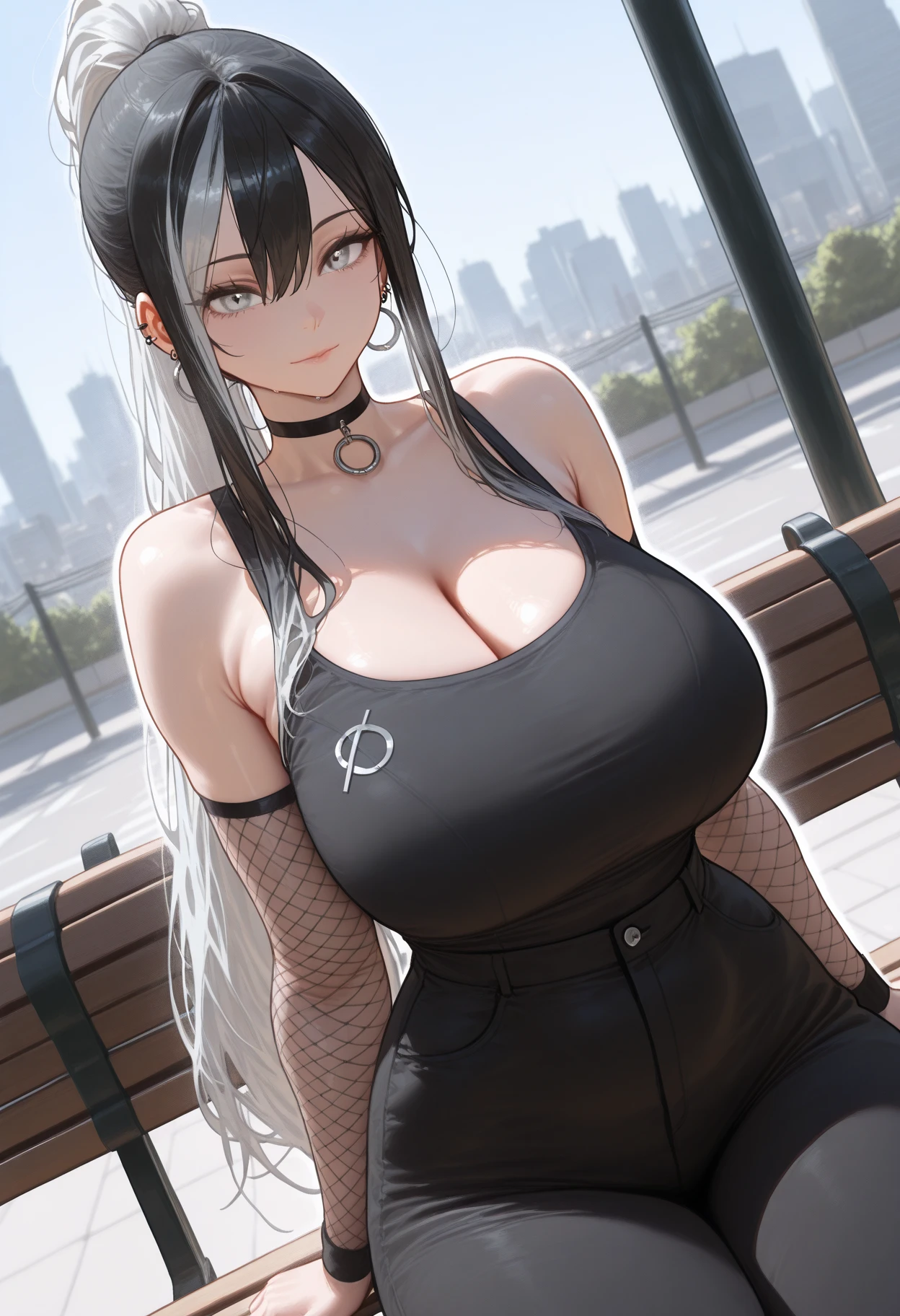 long white hair, stellar blue eyes, Waist slender, strong bodie, defined abdomen, confident and serious face, huge breasts, dark circles in the eyes, Kizi, black wool sweater with high neck, strong arms with long black sleeves, sexy tight pants, sitting on a park bench outdoors.