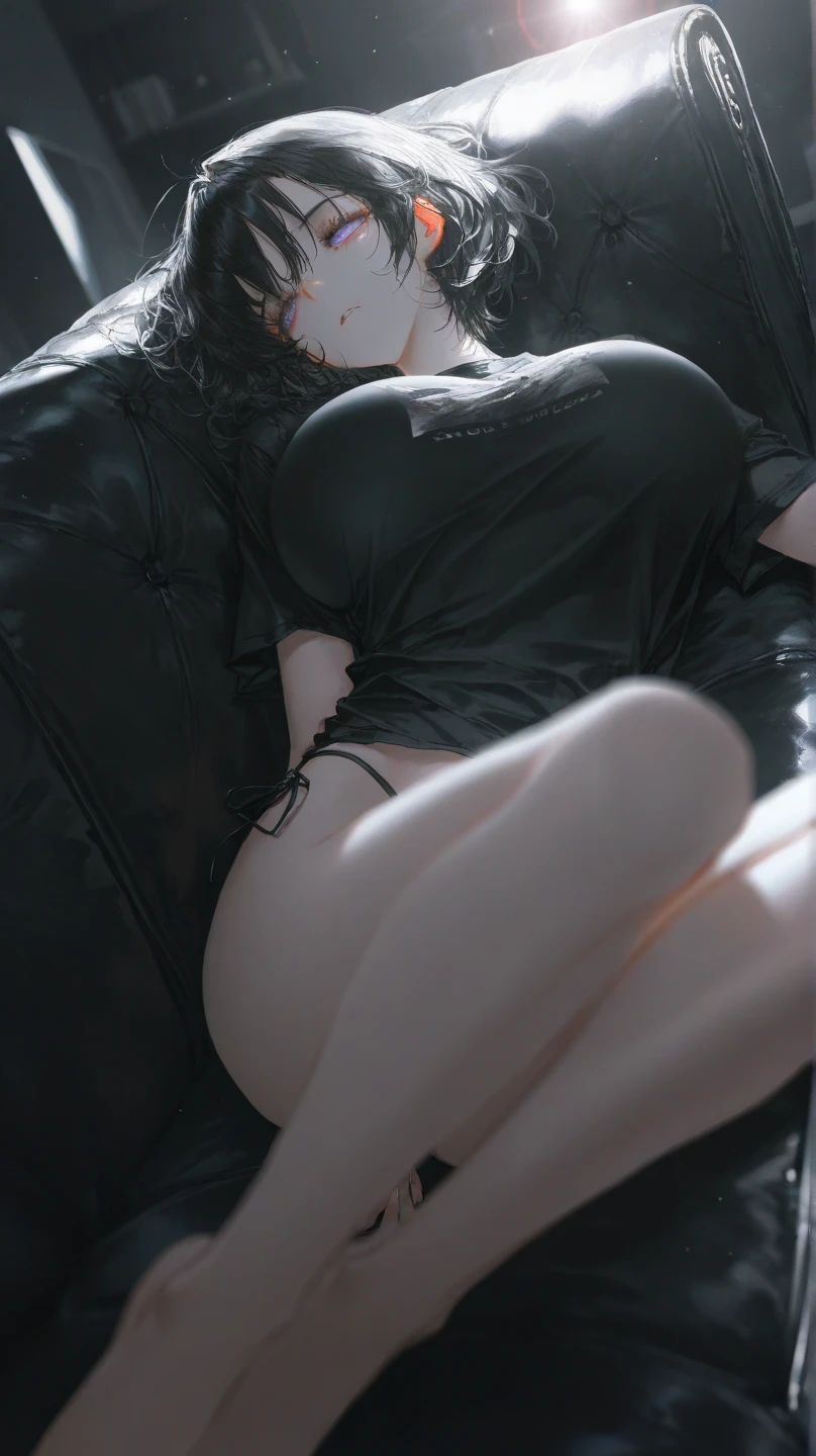超HD, masterpiece, best quality, Extremely detailed, Anatomically correct, Clear focus,  (Facial Tagging), (whole body) , (close up)Eye level shooting, Front view，20-year-old female，Showcasing long legs，High heel，Black leather skirt，White shirt，Huge breasts，Black long hair，High Ponytail，Fleshy thighs，Thin waist，Narrow and long eyes，HD，HD，4K，Black tights with legs，Note the facial details.，Pay attention to facial details，Light makeup，Sitting on the sofa，Light and Shadow，Living room in the background，There is a gleam in the eye.