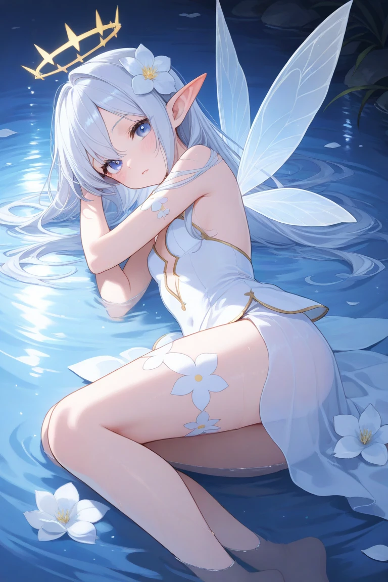 beautiful girl、anime、barefoot、Sleep、Lakeside、Tree roots、Starry Sky、breeze、Hot body、Silver Hair、Long Hair、Ears sticking out from hair、Clear eyelashes、Double teeth、lingerie、moonlight