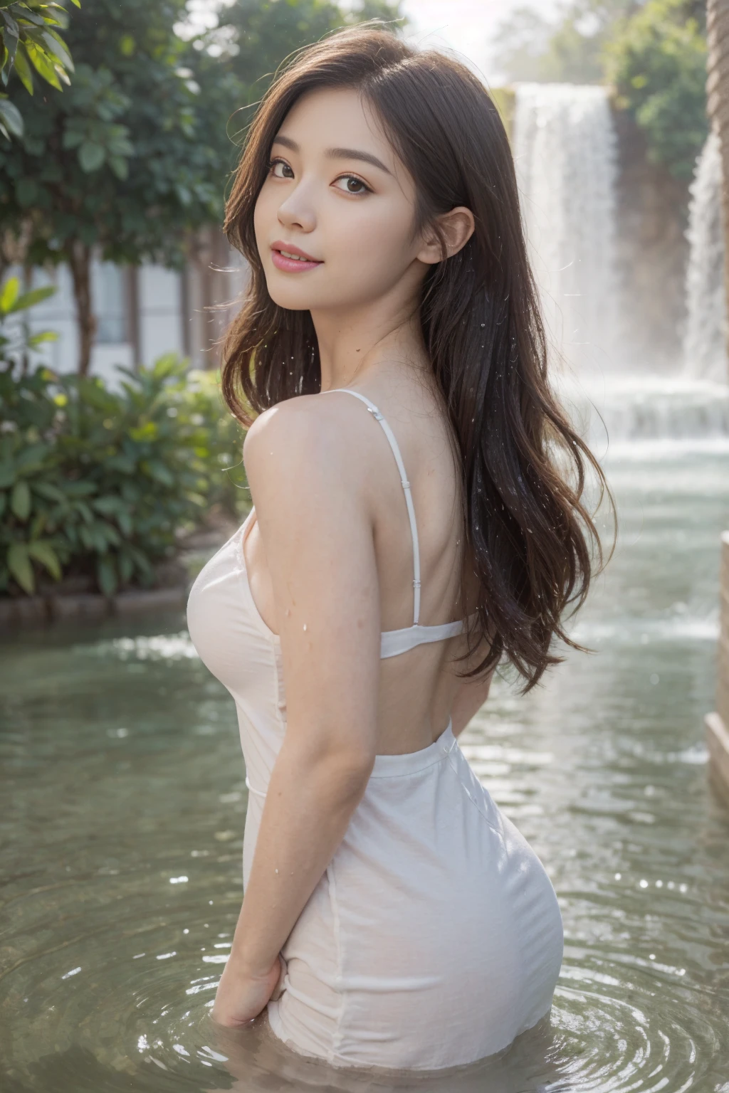 (((solo person))),(((A young actress with an outstanding evening style takes a gravure photoshoot at an elegant and long-established hot spring inn))),(((Lay your hands on the bottom of the bathtub in an atmospheric open-air bath made entirely of Japanese cypress with a view to the outside.))),((Shooting from front)),(((A simple high-leg one-piece swimsuit made of transparent white material is sexy))),((Shooting from front)),(((stand on one's knees and touch one's hands))),(((Narrow your waist in the bathtub))),(((masutepiece:1.6))),(((ulzzang-6500))),(((perfect anatomia:1.3))),(((Beautiful background bokeh with deep depth of field by Hasselblad))),(((beautiful waistline))),masterpiece,top-quality,超A high resolution,High resolution upper body portrait,(photographrealistic:1.4),(((High nose and chiseled beautiful face))),(((Long limbs like a model))),Fair skin is dazzling,20 years old and very cute,Her long, Her shiny chestnut hair is tied back、The nape of her neck is very sexy.,((Plump G-cup bust and narrow waistline),A detailed eye,((Raise the corners of your mouth and laugh out loud)),Cute big eyes and long eyelashes,Distinct double eyelids,((shiny thick lips)),(((perfect anatomia))),