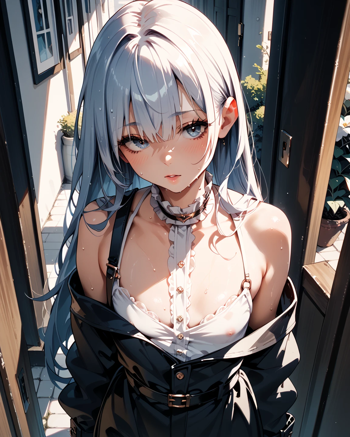 best quality, ultra precision, 1girl, cute, , young, boyish, childish, small breasts, silver hair, cat ears, blue eyes, beautiful eyes, girl, ecstasy, sailor collar, estrus, metestrus, start to undress, naughty mood, she loves you, lost virgin, virgin, blush, beutiful skin big bow on chest I'm not wearing panties BLUE SWEATER, BLACK SHIRT, SHIRT UNDER SWEATER, OFF SHOULDER TOP)
