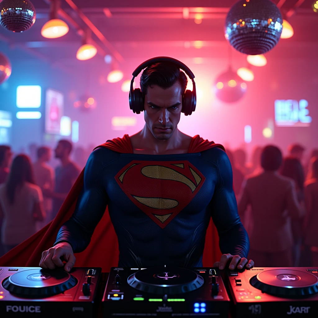 A hyper-realistic 3D render of a powerful superhero DJ, inspired by American themes, standing behind a professional DJ setup with turntables, mixers, and high-end speakers. The DJ is wearing a modern suit with subtle red, white, and blue accents, and high-quality headphones. Surrounding him in the nightclub are other superheroes dancing, each dressed in their unique, distinct suits. The atmosphere is high-energy, with vibrant, colorful lights and a dynamic, lively crowd. The scene captures the energy and power of superheroes enjoying music and dancing together in a realistic and detailed style.