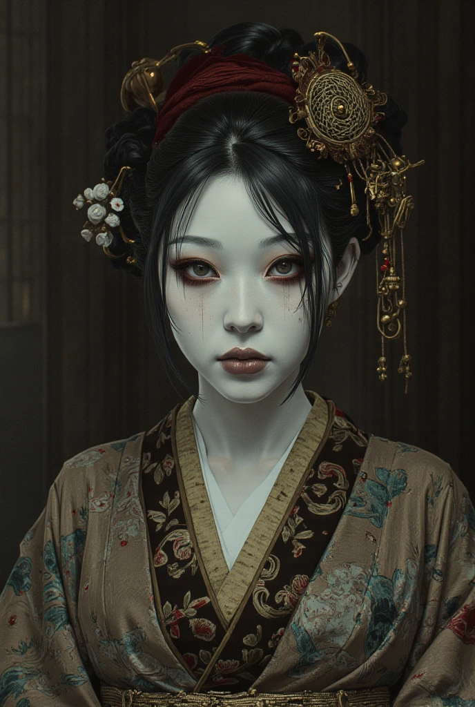 A ghostly depiction of Oiwa, a betrayed woman turned vengeful spirit from Yotsuya Kaidan. She has a distorted, haunting face and wears traditional Japanese attire. The background is a dark, eerie setting with a hint of supernatural elements, evoking a sense of fear and revenge.