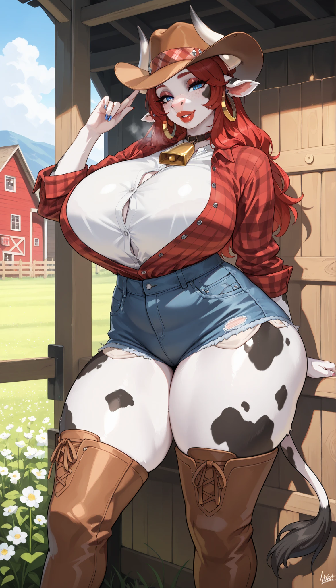 masterpiece, best quality, very aesthetic, absurdres, safe, masterpiece,best quality, amazing quality, very aesthetic,newest, 1girl, cow girl, ((huge bull horns)), cow tail, snout, furry, furry female, ((natural fur color)), (two-toned fur), ((cow spots)), freckles, mature female, mom, milf, motherly, blue eyes, ((thick lips)), (puffy lips), smile, parted lips, makeup, eyeshadow, thick eyeliner, long eyelashes, red lips, natural colored hair, ((wide hips)), tall waist, (((huge thighs))), (huge ass), ((huge breasts)), [chubby], tall, [long legs], plaid button up shirt, open shirt, denim shorts, [[thigh boots]], cow bell, cowboy hat, (big hoop earrings), [[long painted nails]] ((sexy pose)), ((posing)), [[head tilt]], (hip and thigh focus), (breath), outdoors, barn, haystacks, field, flowers, wooden fence, realistic lighting, 