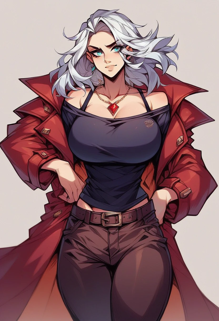 (Mature Woman1name), (Gray Hair, Long Hair:1.3), Blue colored eyes, (Medium chest),Cleavage, (red leather long coat),open shirt ,The shirt is unbuttoned,belt, pants, belly button,masterpiece, high quality,