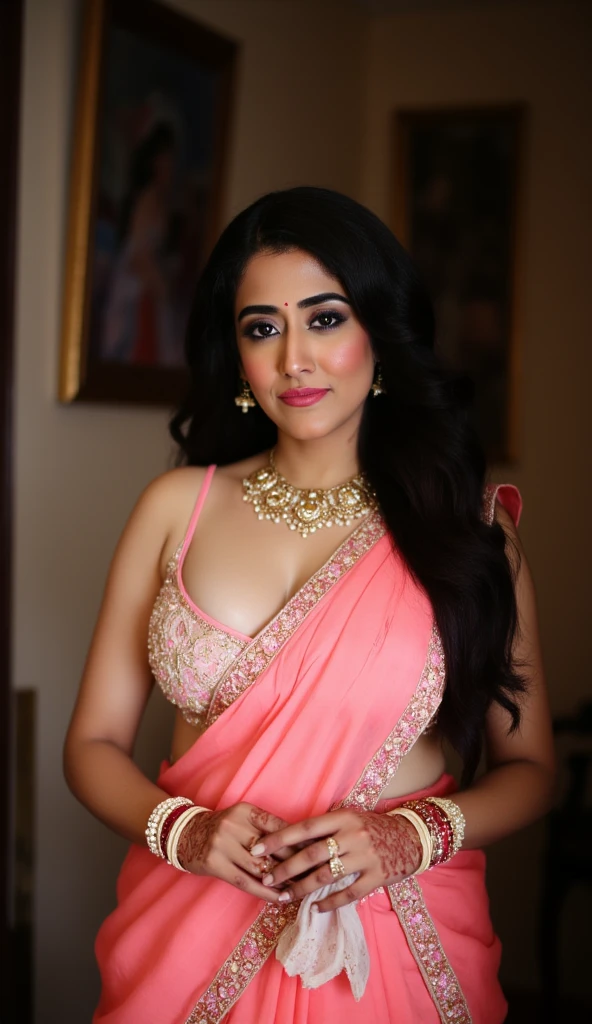 The most beautiful woman ever seen wearing an saree with blouse , ((fully dressed)) ,(masterpiece, best quality, hires, high resolution:1.2), extremely detailed, intricate details, highres,  happy expression,  cinematic photo 30 yo Indian woman,   medium length hair, intense detailed eyes, micro waist, .35mm photograph, film, bokeh, professional, 4k, highly detailed, Fujifilm XT3 sharp focus, f 5.6, High Detail, Sharp focus, 
Zoomed out, 35mm film, full color, ultra detailed, ultra high resolution, hyper realistic photography, 32k resolution, 16k resolution, 8k resolution, Hyper realistic photography, super resolution, super real life photo, ultra detailed, ultra high resolution, normal, highly detailed, intricate, sharp focus, attractive, high quality, masterpiece, award winning, different poses, different positions, different looks, multiple backgrounds, natural makeup,
