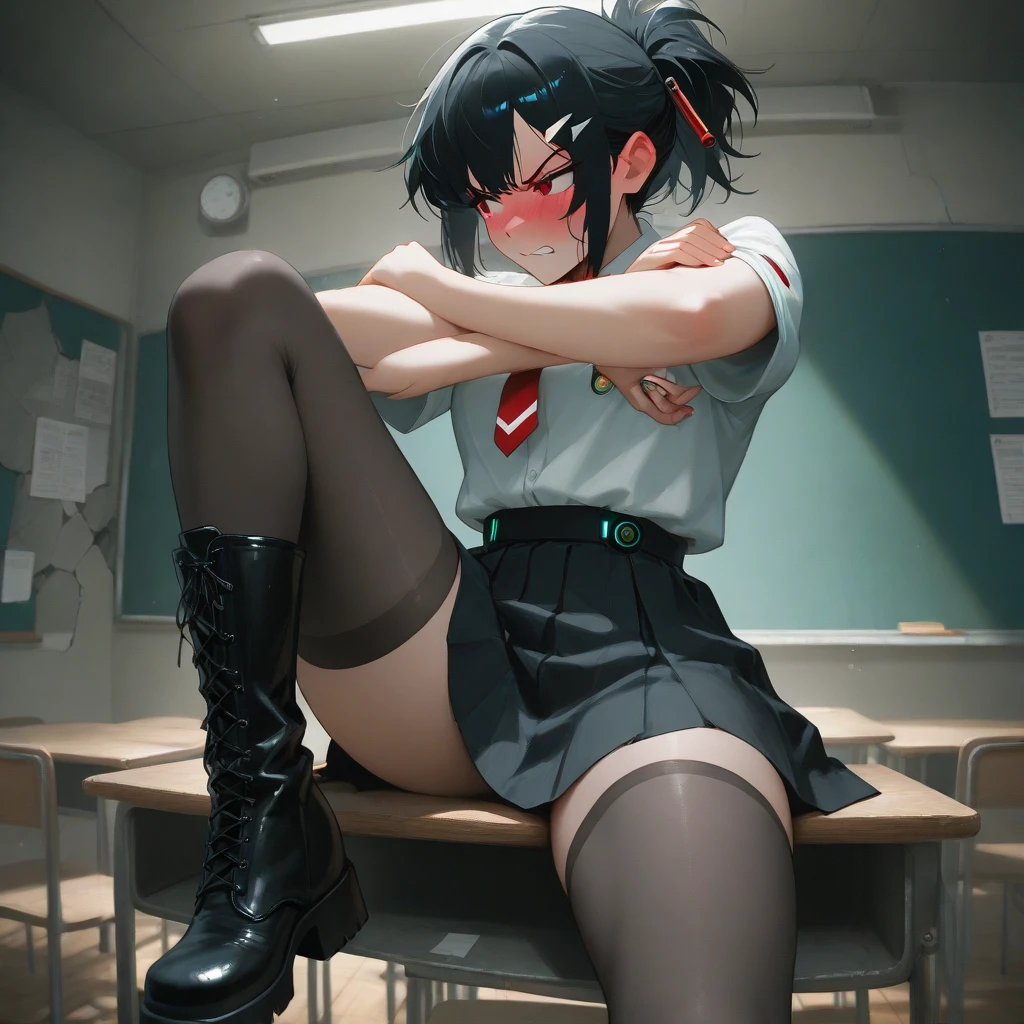Masturbation girl,fully body photo、skirt lift by yourself、super definition、No bra、No bra、No pubic hair、moisty、School classrooms、sittinng on the desk,spread their legs、Black knee-length stockings、