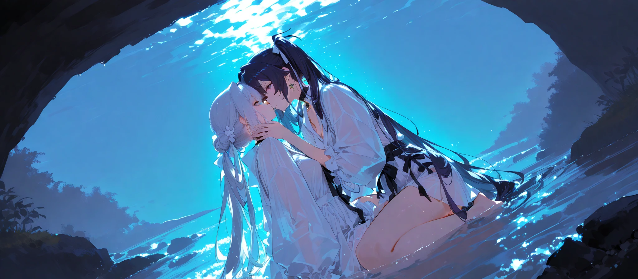 lakeside，two girls，Embrace，kiss，Pure and beautiful，16 years old，jacket，Pleated skirt，White socks，thin legs，Very thin，whole body