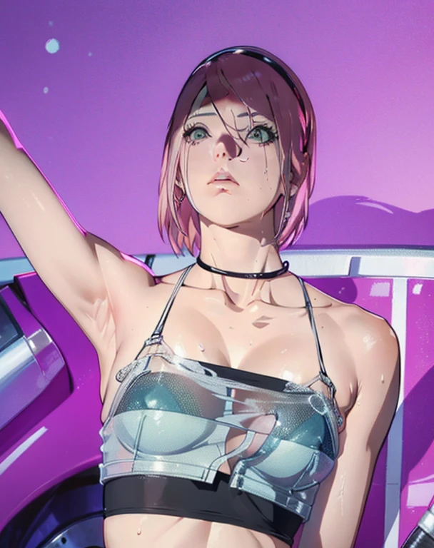 An ultra-detailed full-body illustration, style of 1980s Japanese comics, 8k resolutions, 1girl, solo, Sharp Focus, slender leg, Characterize by alluring, The character has striking pink hair, Perfect Figure with pale skin and a slender physique. she soaking wet, Her body is covered in thick sticky clear oil. She is training intensely in a boxing ring, wearing white mesh crop-top with no bra, white sheer t-back bikini with no pant, black open-finger boxing gloves, and sneakers, bra comes off, nipples, highlight breast, wet clothes, wet body. The scene is vibrant with retro colors and dynamic lines, capturing the intensity of her workout while blending a sporty, fashionable, and retro aesthetic. extremely detailed face, perfect lighting, extremely detailed CG, (perfect hands,).