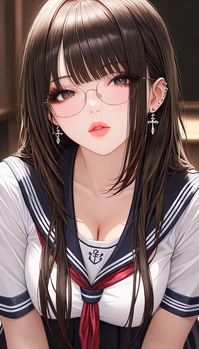 ((Sketch)), ((Watercolor)),((best quality)) ((best quality)), ((masterpiece)), (detailed), HD, Highly Detailed, 4k image, anime style, beautiful young teenage girl, 13 years old, tanned white skin, long waist length hair(red-white hair)(white highlights), soft facial features, heterochromatic eyes(left eye: silver)(right eye: red), elegant battle-styled sundress, cherry red plump lips, large E-cup breasts, short height(150cm). wide hips and large round ass, silver round-frame glasses
