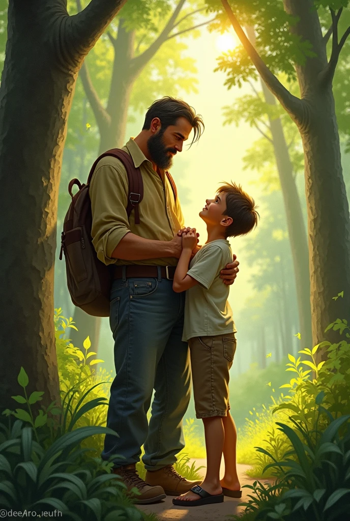 Impressionist style painting of a man carrying a child on his shoulders in the woods, Morgan Weistling, Daniel Gerhartz, Daniel Gerhartz, Daniel Gerhartz, Daniel F. Gerhartz, Michael Malm, Michael Garmash and Rob Ray, inspired by Daniel F. Gerhartz, father with child, Dean Cornwell style, inspired by Dean Cornwell