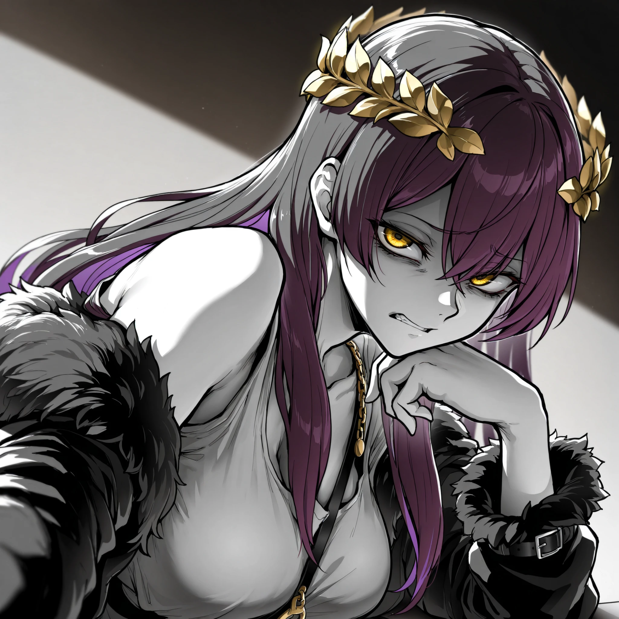 masterpiece, best quality, amazing quality, very aesthetic, high resolution, ultra-detailed, absurdres, (hands:-0.22),
1girl, woman, solo, mature woman, (looking at viewer, portrait,upper body shot:1.19), LineAniAF, monochrome, greyscale, ebiblue, (coloured eyes, narrow eyes, grit teeth, disgusted expression, :1.01), (seeledef:0.83),hair between eyes, exposed shoulders, golden eyes, very long hair, loose jacket, fur rim jacket ,multicolored hair, golden hair, purple hair, laurel crown, loose t-shirt, belt, chains, wallpaper,
BREAK, depth of field, volumetric lighting