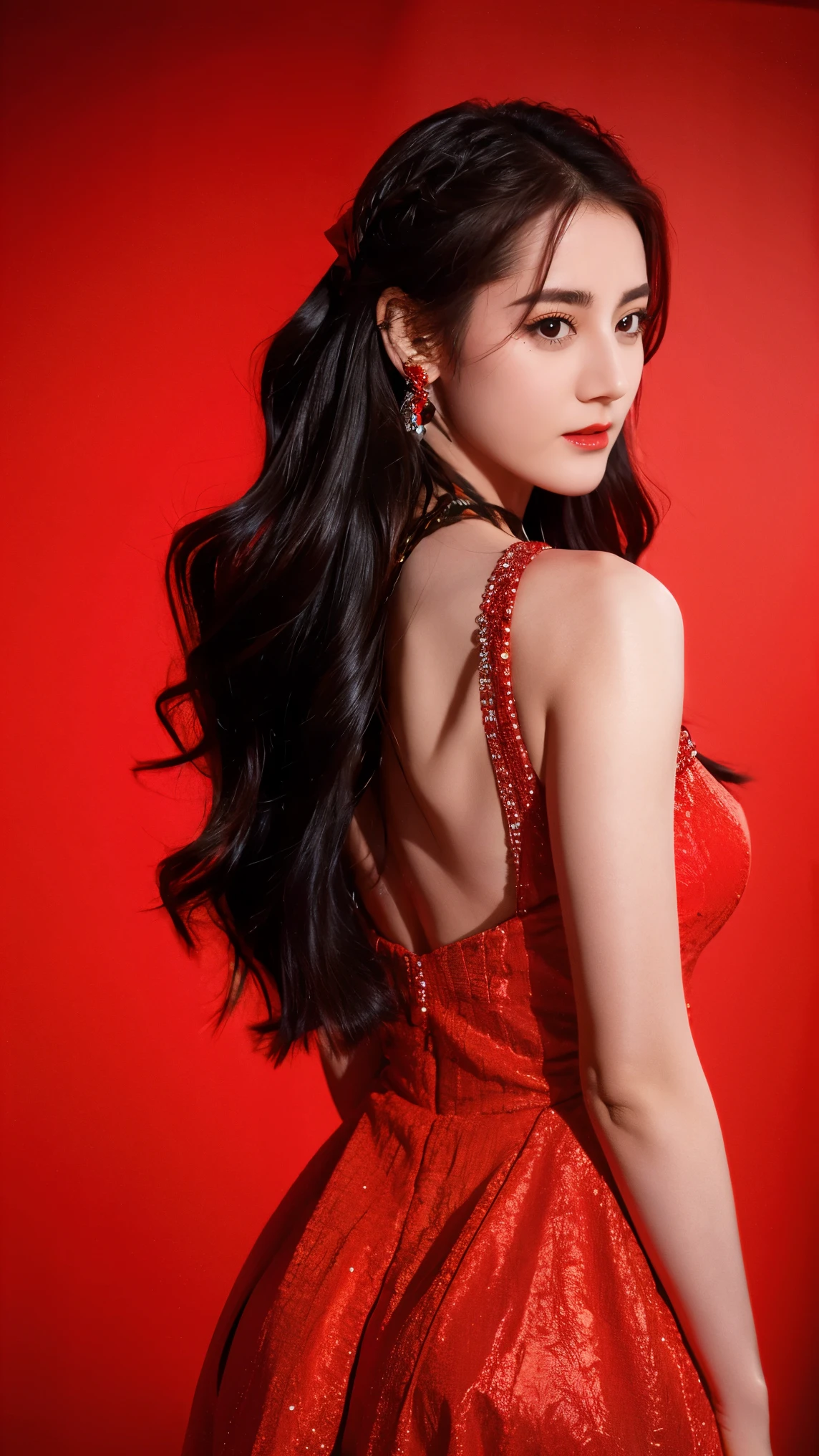 Ultra HD resolution,artistic photos,Photography,21year girl,earrings, Long Straight hair,Slit Red background,Black backless dress,necklace,cowboy shot,H cup